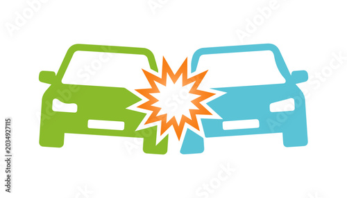 Bild auf Leinwand Green and blue cars collide in abstract crash with car crash two cars automobile