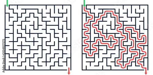 Geometric square labyrinth puzzle game with red answer path educational printable worksheet for logic learning vector graphic
