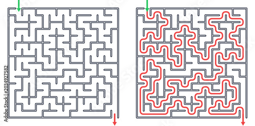 Classic corridor maze puzzle game and answer path educational activity page for children printable logic worksheet vector design