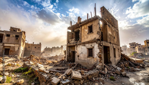 Destroyed building in a war-torn city with rubble and debris scattered around, a desolate