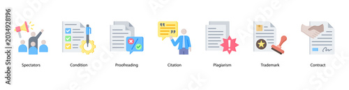 Fotografía Legal and Publishing web banner icon vector illustration featuring Spectators, Condition, Proofreading, Citation, Plagiarism, Trademark, and Contract