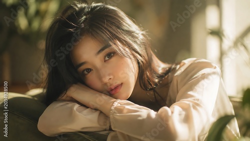 Soft Sunlight Serenity: A young woman with gentle eyes and tousled hair rests her head on her arms, bathed in the warm, ethereal light streaming from a nearby window.