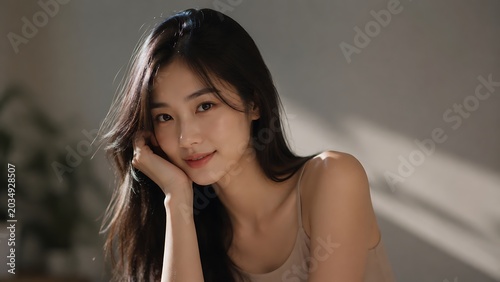 Beautiful Asian Woman Portrait: A serene Asian woman with long dark hair rests her chin on her hand, gazing gently at the viewer with a subtle smile. Soft light illuminates her face.