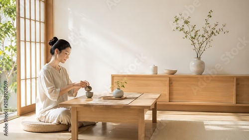 Japanese Tea Ceremony: A serene woman in traditional attire performs a tranquil tea ceremony in a minimalist Japanese room, bathed in soft natural light.