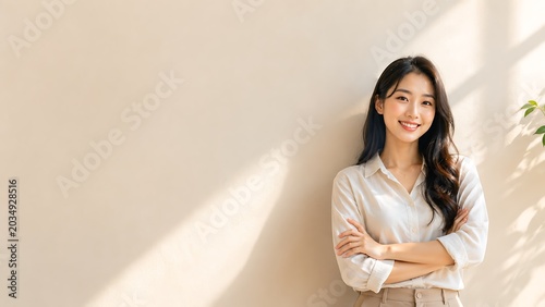 Confident Woman Standing: A confident and smiling young Asian woman with arms crossed, leaning against a light-colored wall, bathed in soft, natural light and shadow.