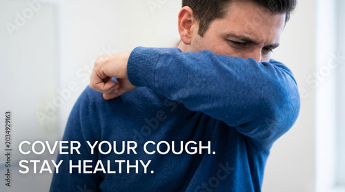 Man Covering His Mouth with Sleeve While Coughing for Cold and Hantavirus Prevention Campaign