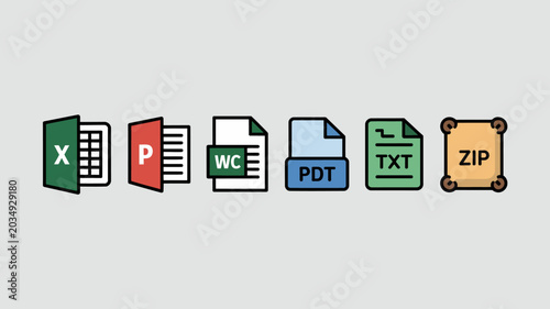 file format icons set displaying excel powerpoint word pdf text and zip files