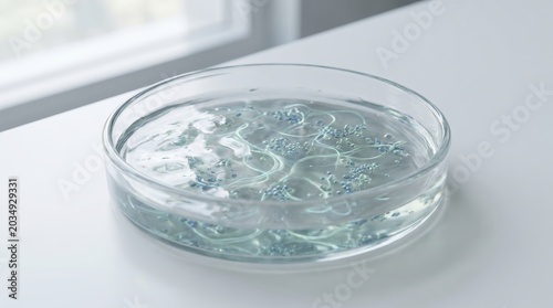 Close up of a glass petri dish containing scientific liquid sample with virus or bacteria microorganisms on a white laboratory table.