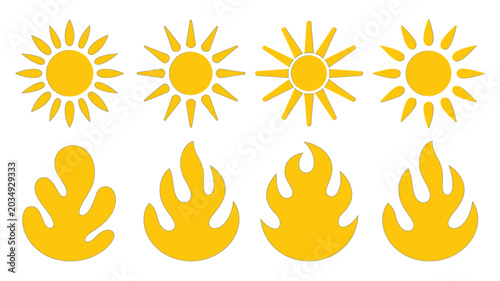 Collection of yellow sun and flame shapes on a white background stylized vector illustrations