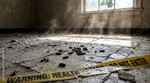 Rodent droppings on a dirty floor of an abandoned room with a health hazard warning tape and sunlight.