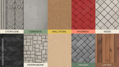 Variety of textile patterns and surface textures including herringbone wood and concrete