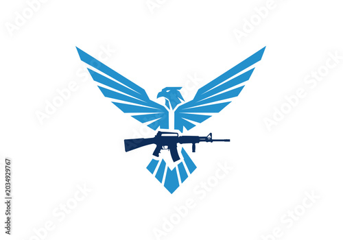 Schilderij op canvas Stylized eagle with outstretched wings clutching a rifle, minimalist blue design