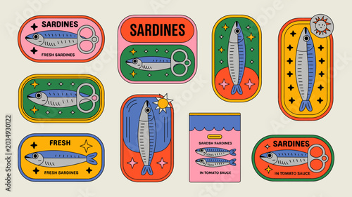 Colorful sardine can illustrations with fish and playful designs vector graphic collection