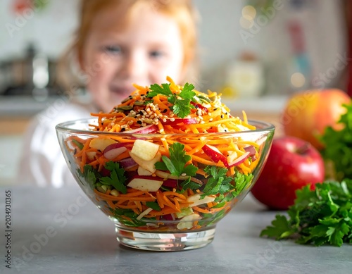 Colorful fresh salad bowl with vegetables on table.