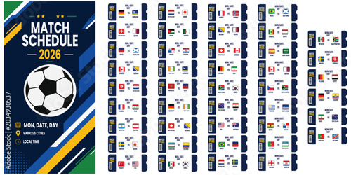 Photos 2026 World Cup Match Schedule Graphic: A visually dynamic graphic showcasing the complete match schedule for the 2026 World Cup, featuring a prominent soccer ball icon and organized game listings