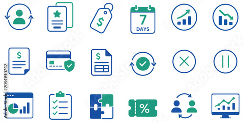 Foto Business Icon Set: A collection of modern, flat design icons representing various business concepts such as finance, strategy, and analytics