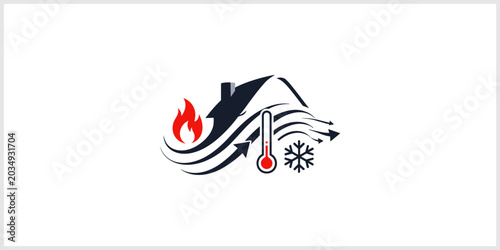 Home Heating And Cooling System Logo With Thermometer And Weather Icons