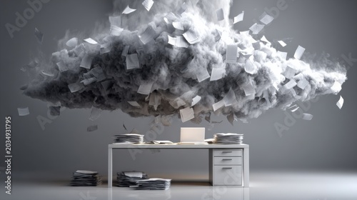 An abstract representation of information overload, with a cloud of papers exploding from a desk and scattering around the room