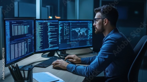 Man meticulously analyzing intricate data streams across three glowing computer screens, showcasing deep concentration and advanced analytical skills in a dark, modern workspace.