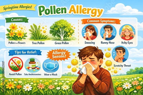 Infographic about pollen allergy causes, symptoms, and relief tips. Illustration of boy, man, and woman suffering from seasonal rhinitis in spring. Medical health information poster.