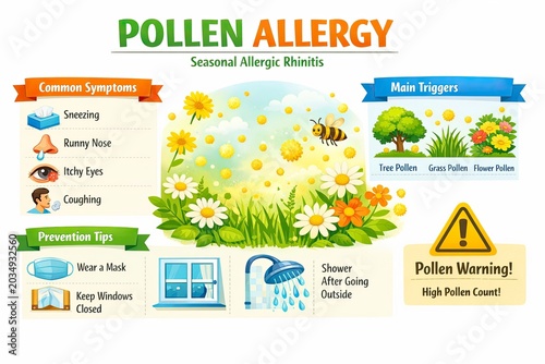 Pollen allergy infographic showing seasonal rhinitis symptoms and triggers. Educational healthcare chart with medical tips for prevention and advice on managing high pollen count days.
