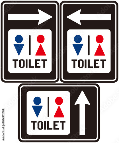 Three signs: left, right, and straight ahead to the bathroom.