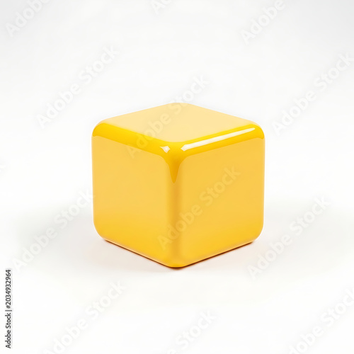 Yellow glossy cube icon isolated on a clean white background