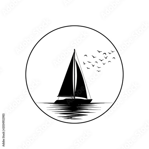 Black Silhouette Sailboat on Water with Birds Flying.