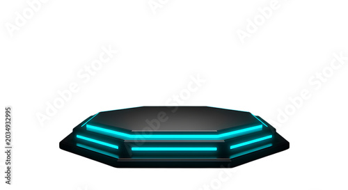 3d icon of futuristic hexagonal stage with glowing blue neon lights, isolated on transparent background