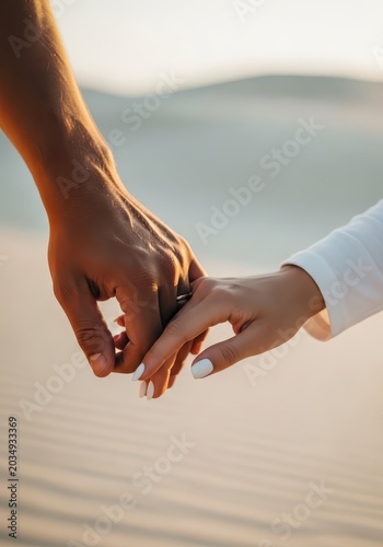 Close-up of a Romantic Couple Holding Hands at Sunset on a Sandy Beach, Symbolizing Love, Connection, and Togetherness