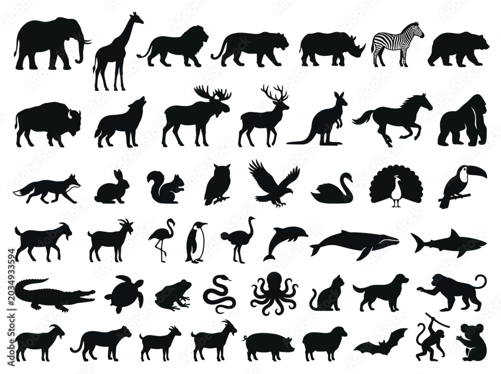 Fototapeta premium Collection of Diverse Animal Silhouettes in Various Poses.