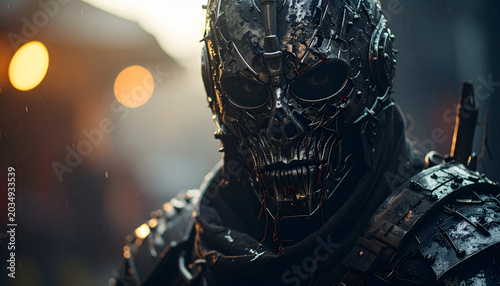Dark fantasy skeletal warrior in metallic armor with skull face mask and bokeh background
