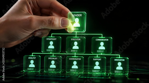 Hand placing leader block on glowing green futuristic organizational chart hierarchy.