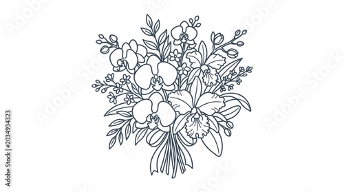Elegant Orchid Flower Bouquet Line Art Drawing.