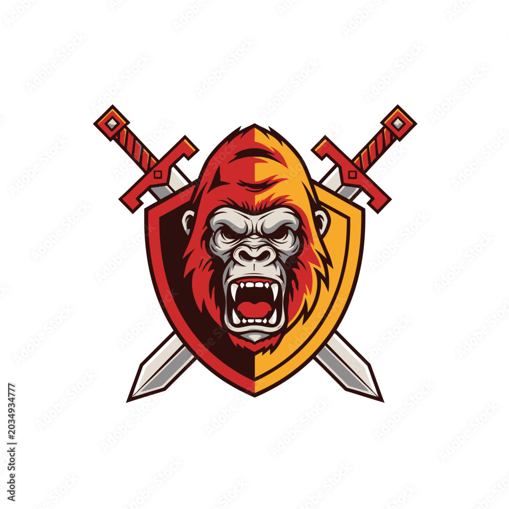 Naklejka premium Fierce ape face with crossed swords and shield emblem