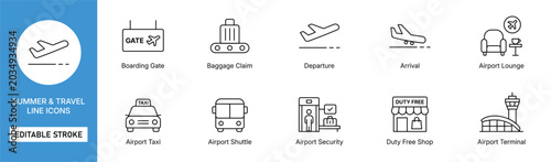 Canvastavla airport travel icon line style aviation transport editable stroke vector set