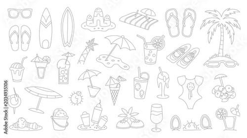 Bild auf Leinwand Collection Of Summer themed Line Drawings On A White Background beach accessorie