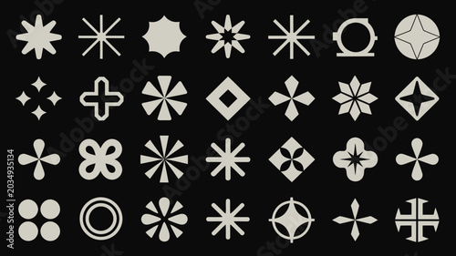 Geometric shapes collection light gray silhouettes on black background shape abstract form polygon symmetrical design radial symmetry star floral motif cross