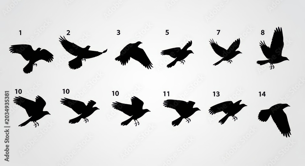 Obraz premium Set of Black Bird Silhouettes in Different Flight Poses, Crow and Raven Vector Illustration Collection