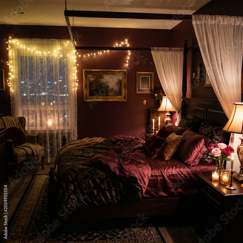Cozy and romantic bedroom interior at night, dim warm lighting with fairy lights and candles, empty bed with dark silk bedding, dark wood furniture, pink roses bouquet and city view 