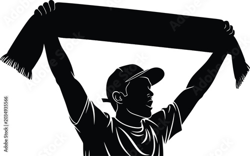 Quadro su tela Silhouette illustration of a soccer fan holding a scarf aloft in celebration