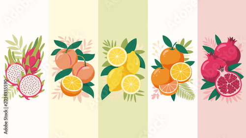 Quadro em tela Illustrated fruit assortment with lemons oranges pomegranates peaches and dragon