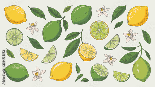 Lemon and lime illustration with leaves and blossoms on a pale background citrus fruit citron yellow green botanical vector drawing sketch