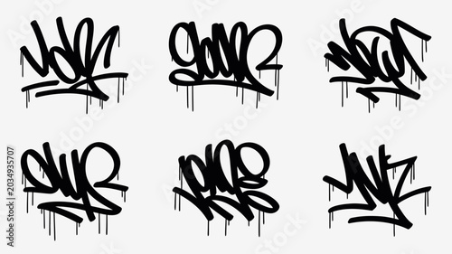 Foto Graffiti style lettering designs black vector illustrations on a light gray back