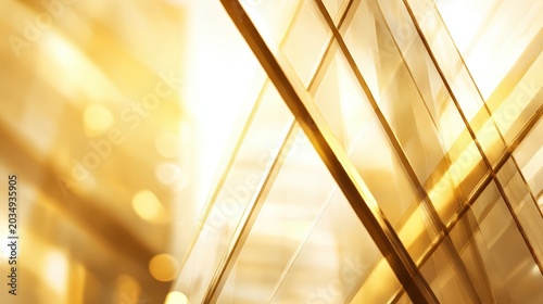 Abstract golden architectural background of modern skyscraper glass facade. Reflection of sunlight on city building wall. Urban geometry and corporate exterior design for luxury concept.