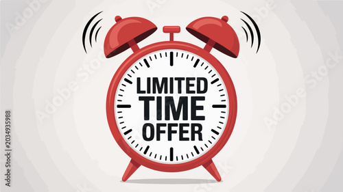 Red alarm clock with ringing bells and text vector illustration time wake morning deadline urgent limited offer promotion sale discount graphic