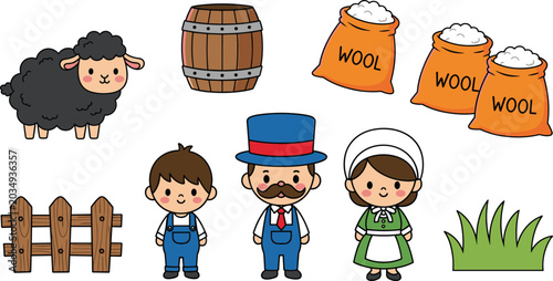 Fényképezés Cute Baa Baa Black Sheep Nursery Rhyme Vector Element Set with Cartoon Character