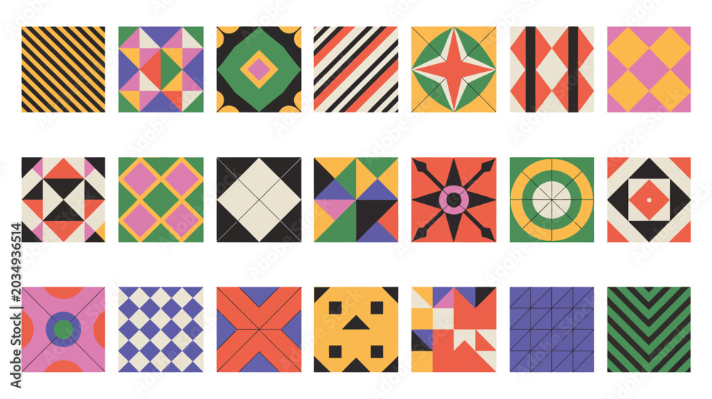 Obraz premium Geometric pattern collection with colorful shapes on a white background abstract design vector illustration repeating square format modern graphic elements flat