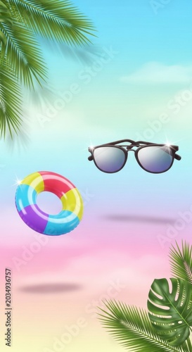 Summer Vacation Fun with Inflatable Ring and Sunglasses on a Gradient Background.