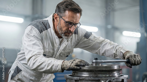 Experienced mechanic closely inspecting and working on a large vehicle gear system in industrial workshop setting